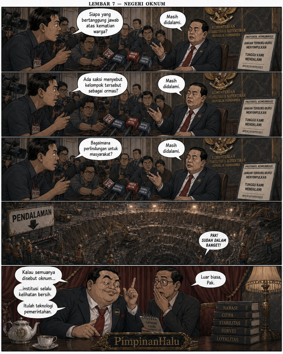 Halaman 7, Negeri Oknum: dalam konferensi pers, pertanyaan tentang tanggung jawab dan perlindungan warga terus dijawab masih didalami; satire menampilkan proyek galian raksasa bernama Pendalaman.