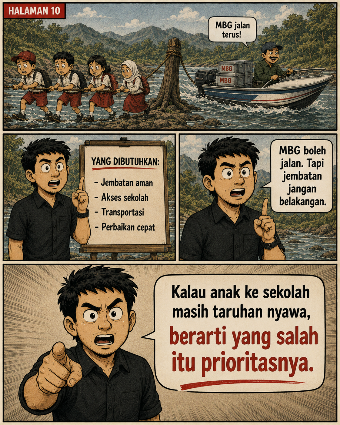 Halaman 10: murid dan perahu MBG kembali melintasi sungai dengan cara berbeda; narator menunjukkan daftar kebutuhan jembatan, akses sekolah, transportasi, dan perbaikan cepat.