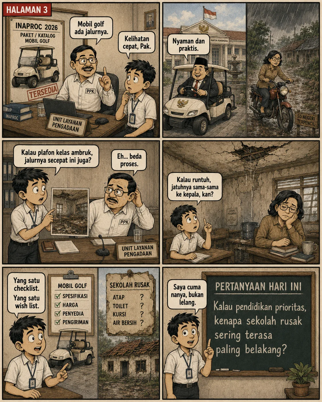 Halaman 3: Petugas pengadaan menunjukkan katalog mobil golf yang serba lengkap dan cepat; dibandingkan dengan daftar kebutuhan sekolah rusak (atap, toilet, kursi, air bersih) yang semuanya bertanda tanya. Pertanyaan hari ini: kalau pendidikan prioritas, kenapa sekolah rusak sering terasa paling belakang?