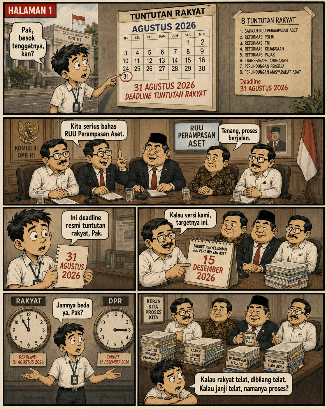 Sampul komik "Deadline Rakyat, Target Pejabat": kalender bertanda merah 31 Agustus 2026, daftar 8 tuntutan rakyat, dan dua jam dinding yang menunjukkan waktu berbeda untuk "Rakyat" dan "DPR".