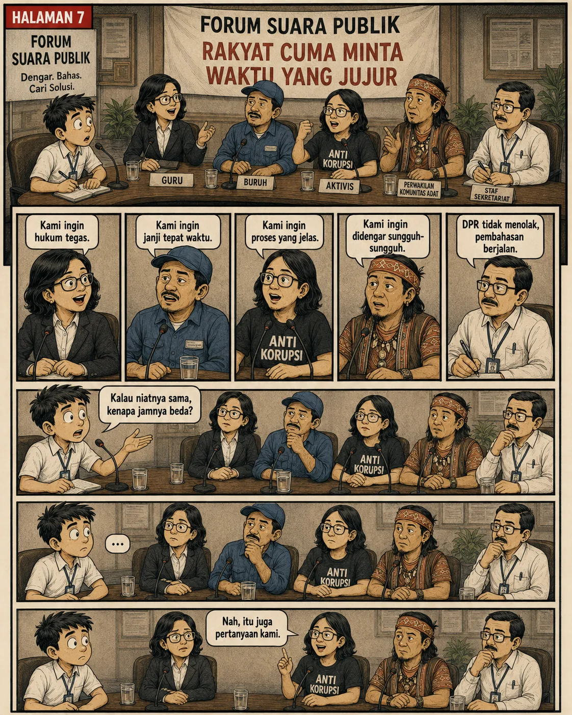 Halaman 7 ("Forum Suara Publik"): Perwakilan guru, buruh, aktivis antikorupsi, komunitas adat, dan staf sekretariat duduk sepanel; masing-masing menyampaikan satu permintaan sederhana soal ketegasan dan ketepatan waktu.