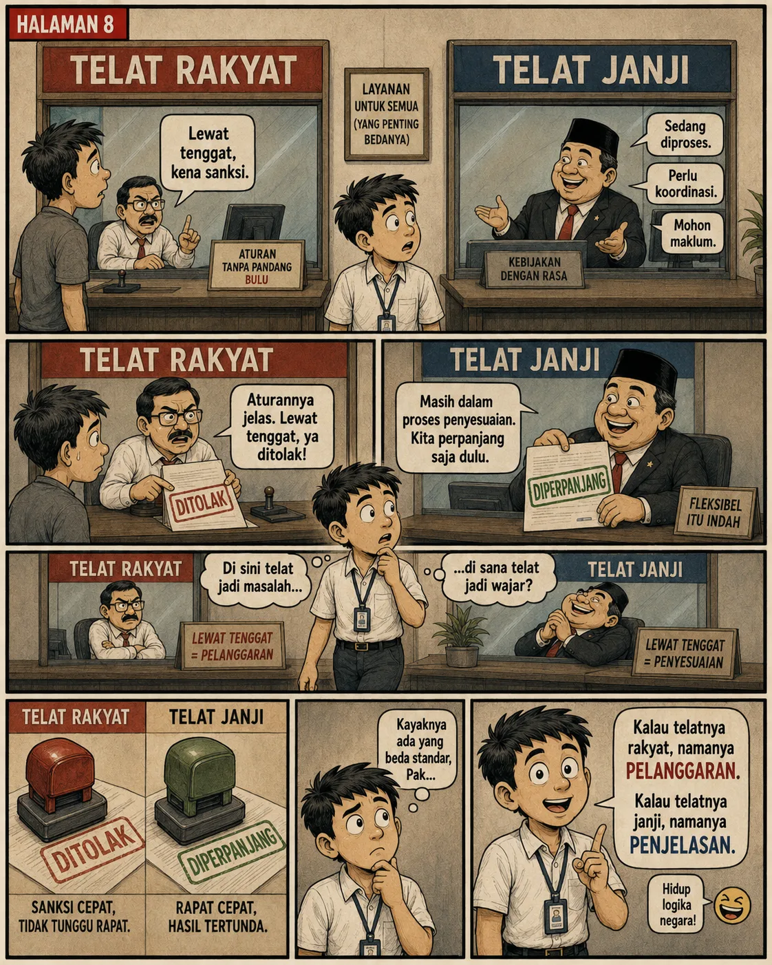 Halaman 8: Dua loket layanan bersebelahan - "Telat Rakyat" yang langsung menstempel DITOLAK, dan "Telat Janji" yang menstempel DIPERPANJANG dengan alasan koordinasi; perbandingan "sanksi cepat" versus "rapat cepat, hasil tertunda".