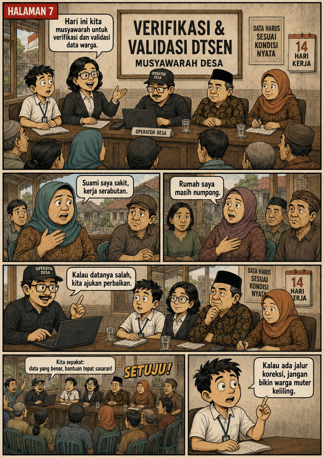 Halaman 7: musyawarah desa membahas verifikasi DTSEN, warga menceritakan sakit dan rumah menumpang, serta operator desa menawarkan perbaikan data.