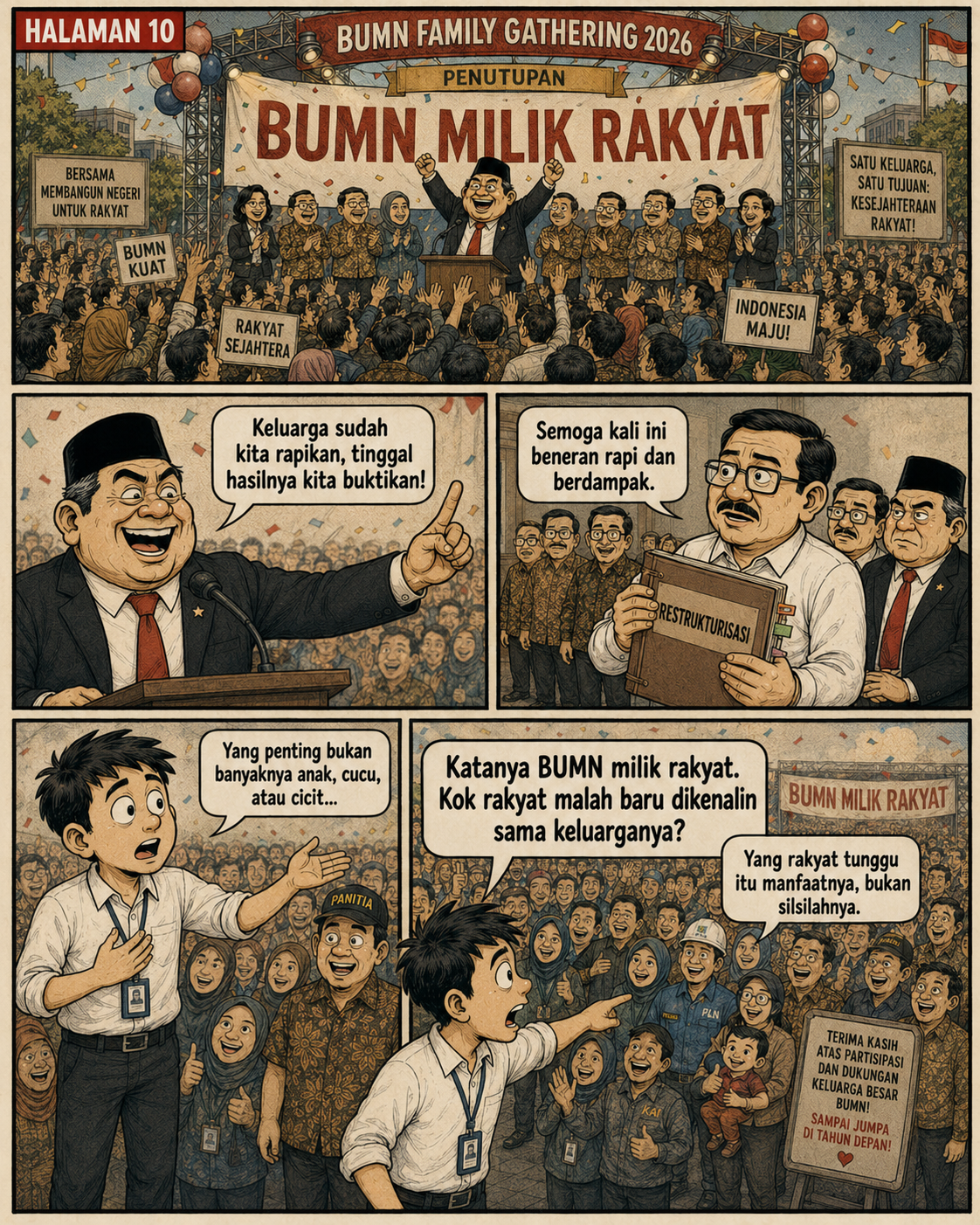 Halaman 10: penutupan family gathering BUMN milik rakyat; tokoh menegaskan bahwa yang penting bukan banyaknya anak-cucu perusahaan, tetapi manfaatnya bagi masyarakat.