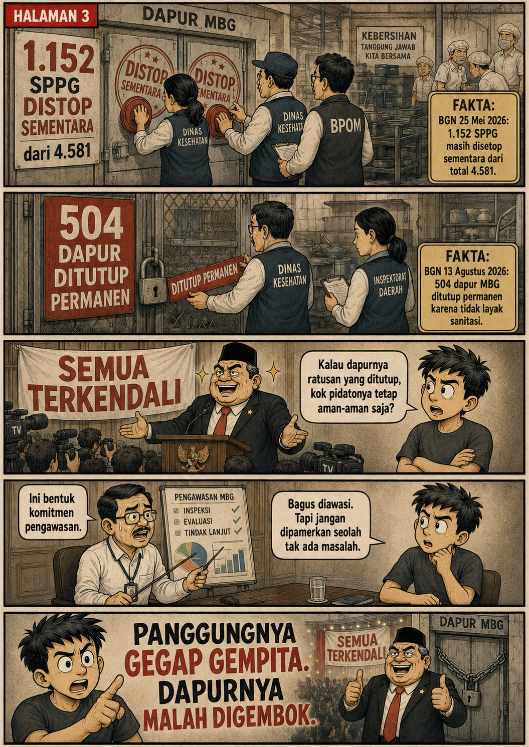 Halaman 3: dapur MBG terkunci di belakang panggung promosi, disertai angka 1.152 SPPG masih disetop sementara dan 504 dapur ditutup permanen.