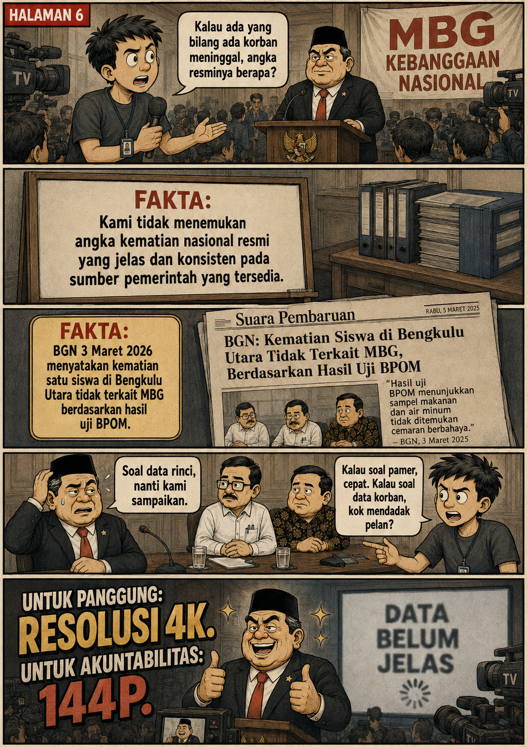 Halaman 6: reporter rekaan menanyakan data kematian nasional dan menampilkan klarifikasi resmi kasus siswa Bengkulu Utara yang dinyatakan tidak terkait MBG.