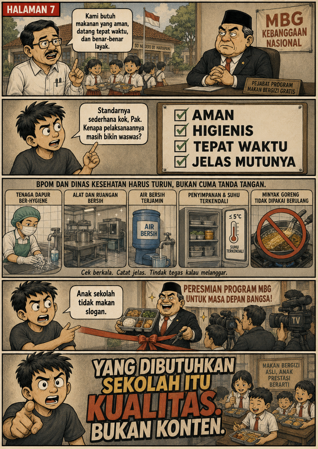 Halaman 7: daftar pemeriksaan dasar keamanan pangan di dapur, meliputi kebersihan, air, penyimpanan, suhu, minyak goreng, dan ketepatan distribusi.