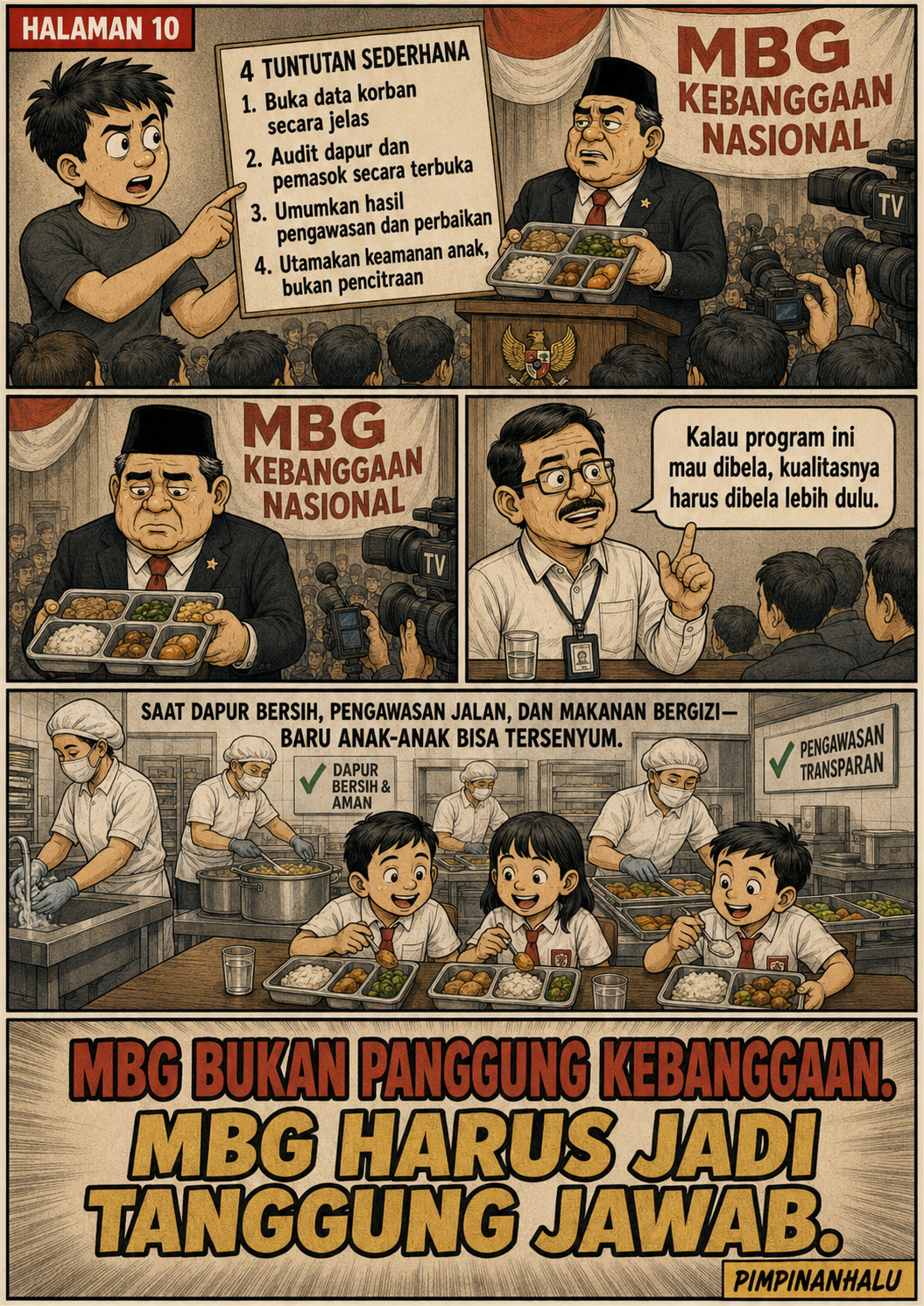 Halaman 10: penutup komik menyampaikan empat tuntutan transparansi dan pengawasan, serta kalimat bahwa MBG harus menjadi tanggung jawab, bukan panggung kebanggaan.
