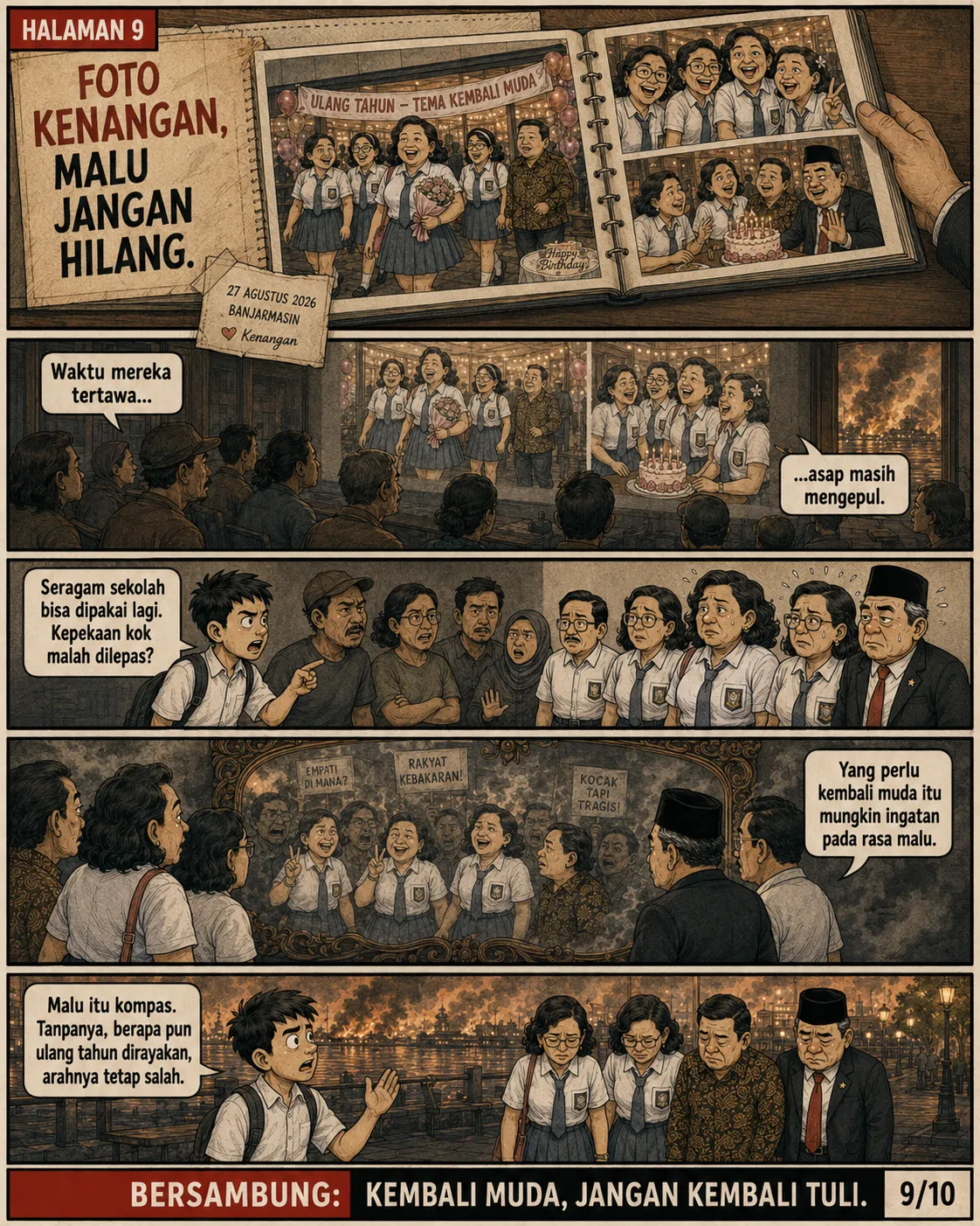 Halaman 9: Album foto pesta bertema masa muda, disandingkan dengan gambar asap yang masih mengepul di luar; narasi soal rasa malu sebagai kompas.