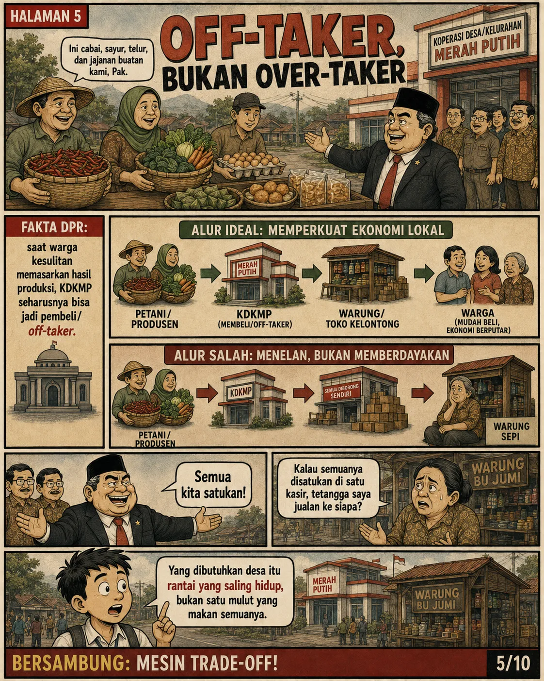 Halaman 5: Dua alur - KDKMP membeli hasil petani lalu menyalurkan ke toko kelontong (ideal), versus KDKMP memborong dan menjual sendiri semuanya (salah).
