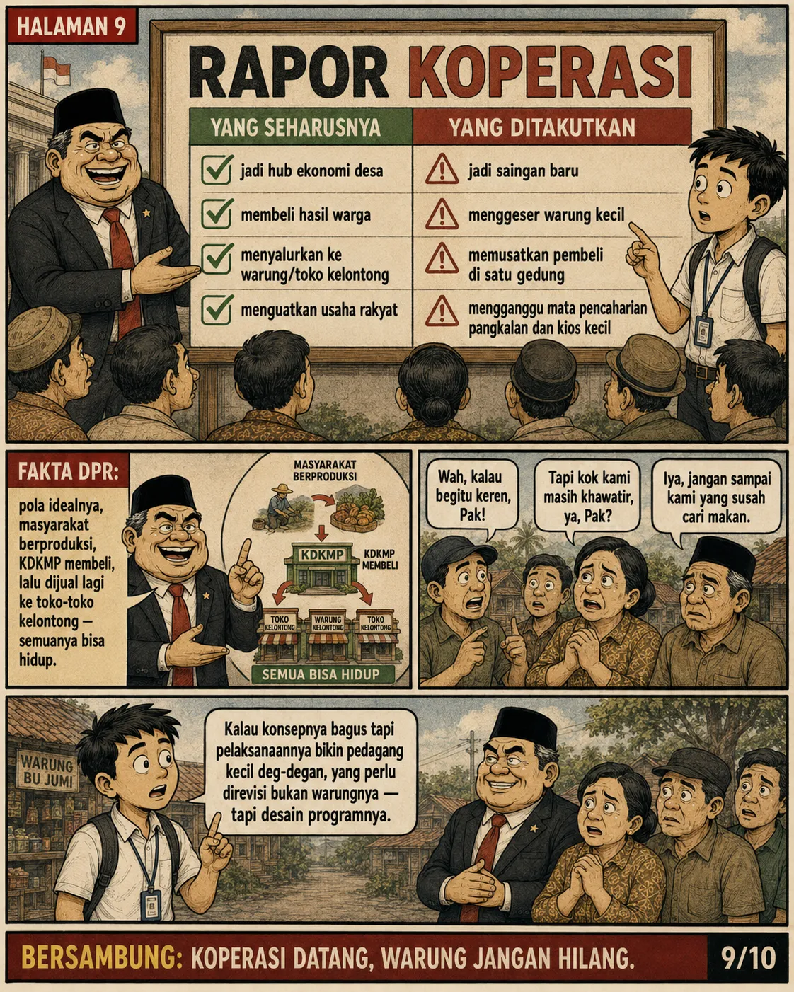 Halaman 9: Papan "Rapor Koperasi" dengan kolom "yang seharusnya" (centang hijau) dan "yang ditakutkan" (tanda seru), disaksikan warga desa.
