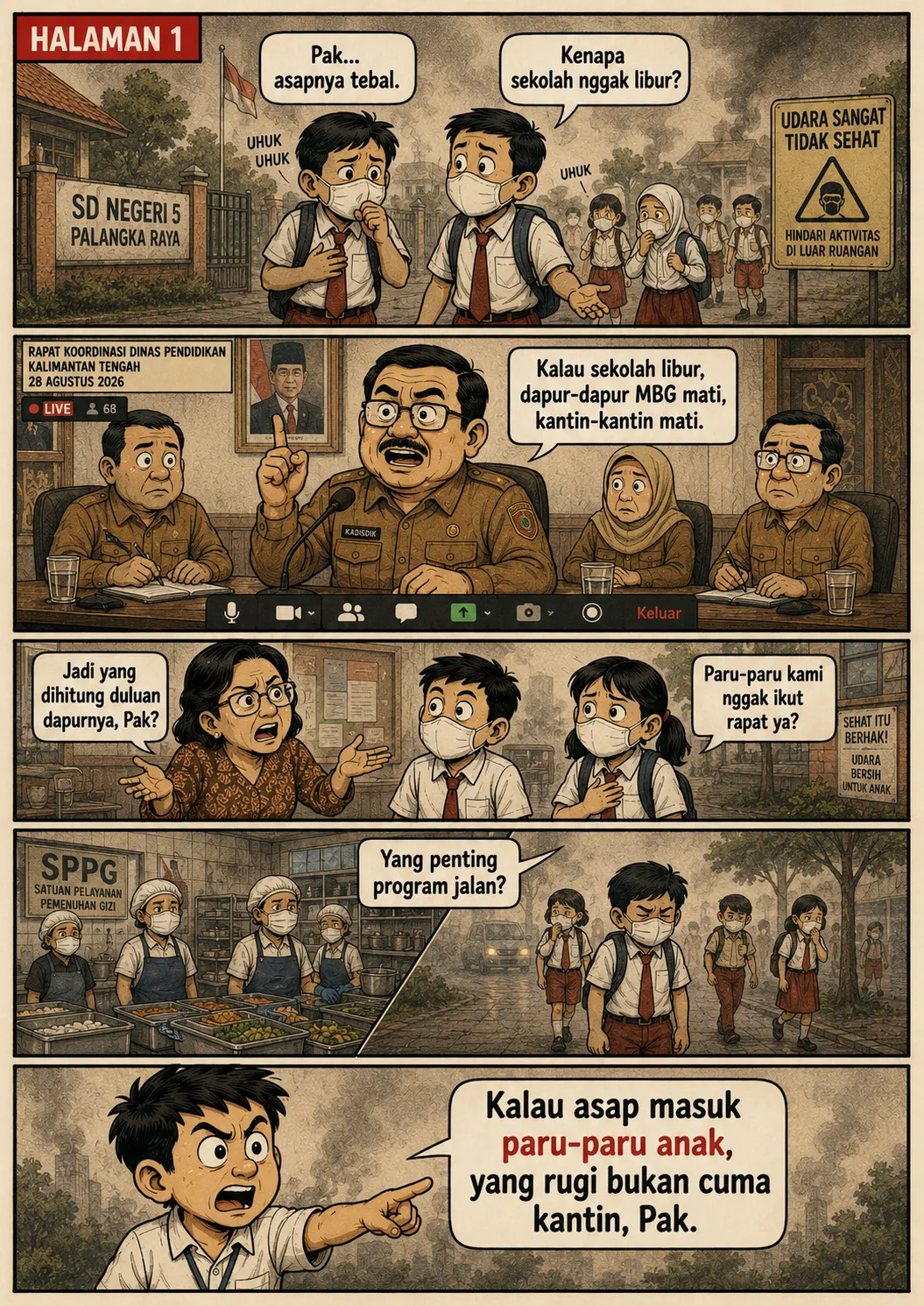 Sampul komik "Paru-Paru Anak Tidak Punya Tombol Reset": murid bermasker batuk di depan SD Negeri 5 Palangka Raya di bawah rambu "udara sangat tidak sehat".
