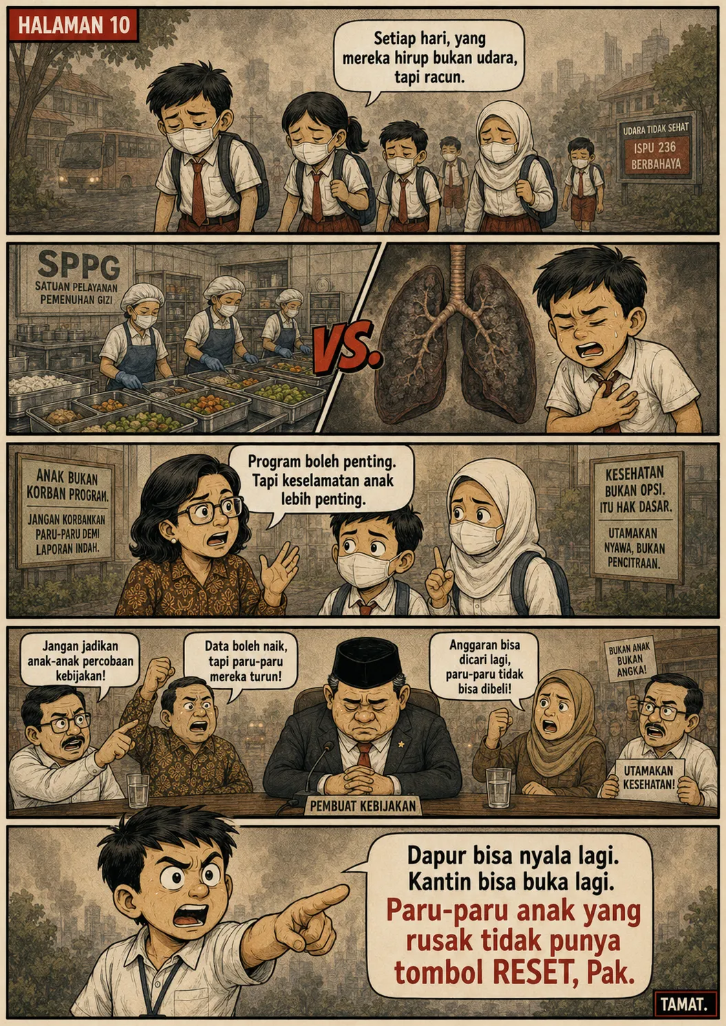 Halaman 10: Perbandingan dapur MBG dan paru-paru; warga membentangkan tuntutan "utamakan kesehatan"; pembuat kebijakan menunduk; anak menutup dengan pernyataan bahwa paru-paru rusak tidak punya tombol reset.