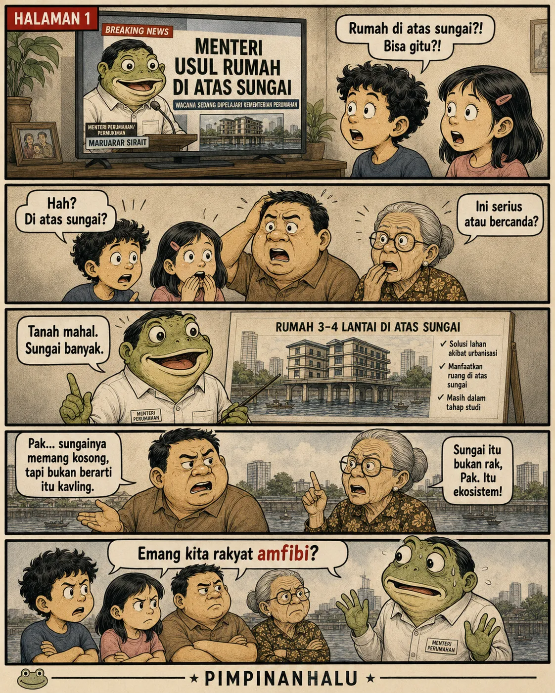 Halaman 1: Layar TV menyiarkan berita menteri (digambar sebagai katak) mengusulkan rumah 3-4 lantai di atas sungai; keluarga di ruang tamu tercengang lalu memprotes dalam forum.