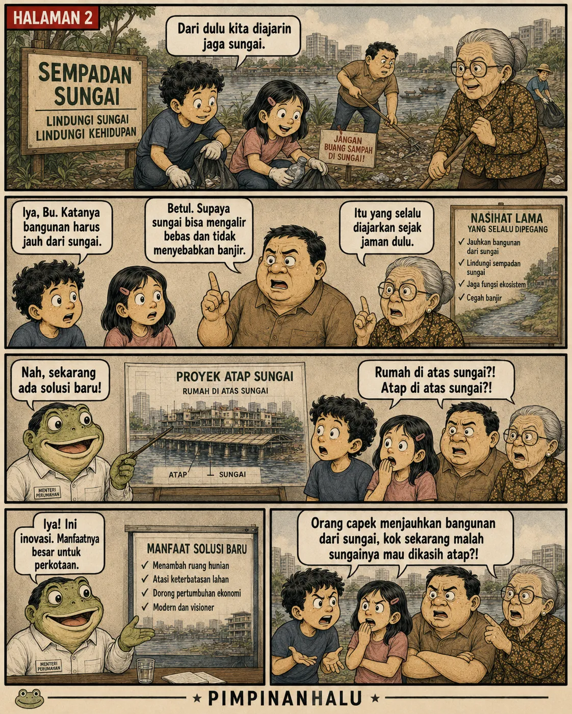 Halaman 2: Papan "Sempadan Sungai" dan warga membersihkan bantaran; dikontraskan dengan maket "rumah di atas sungai" bertuliskan manfaat "modern dan visioner".