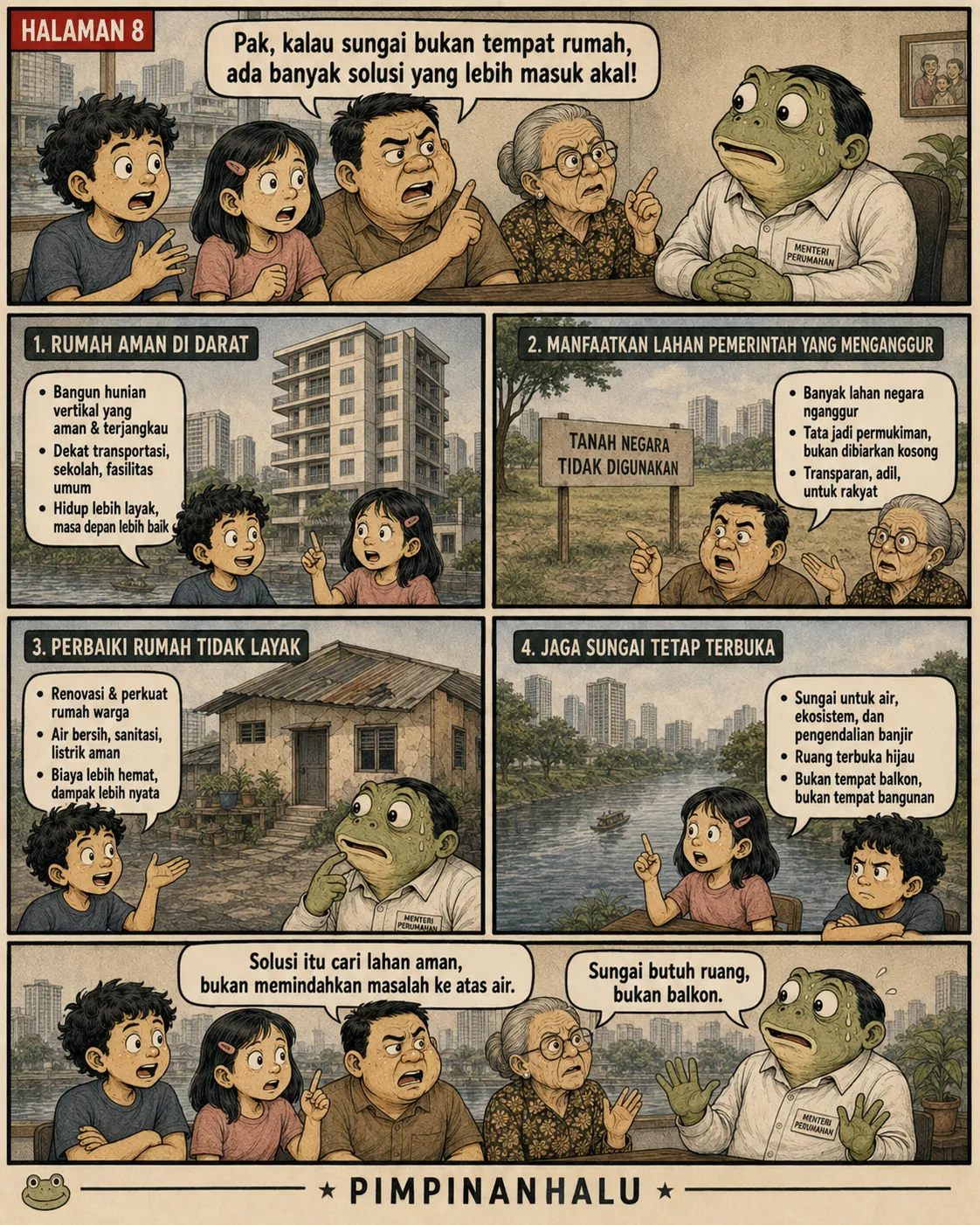Halaman 8: Empat kartu solusi - rumah vertikal di darat, lahan negara menganggur, renovasi rumah tidak layak, dan sungai sebagai ruang terbuka - dijelaskan oleh warga kepada menteri-katak.