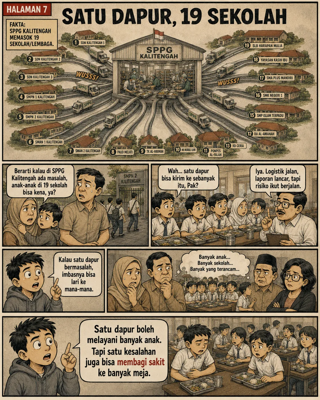 Halaman 7: Diagram satu dapur SPPG Kalitengah dengan 19 truk pengantar makanan menyebar ke 19 sekolah bernomor; keluarga cemas menyadari luasnya dampak jika satu dapur bermasalah.