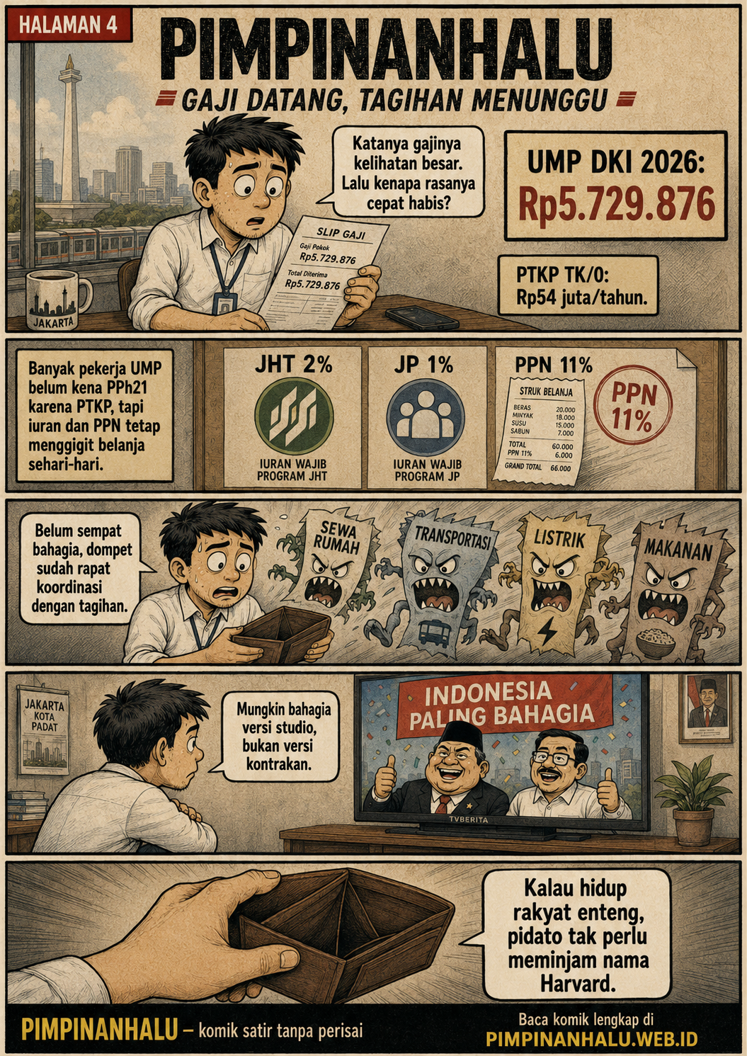 Halaman 4: pekerja Jakarta memegang slip UMP DKI 2026 Rp5.729.876 lalu melihat dompet kosong setelah biaya rumah, transportasi, listrik, dan makanan.