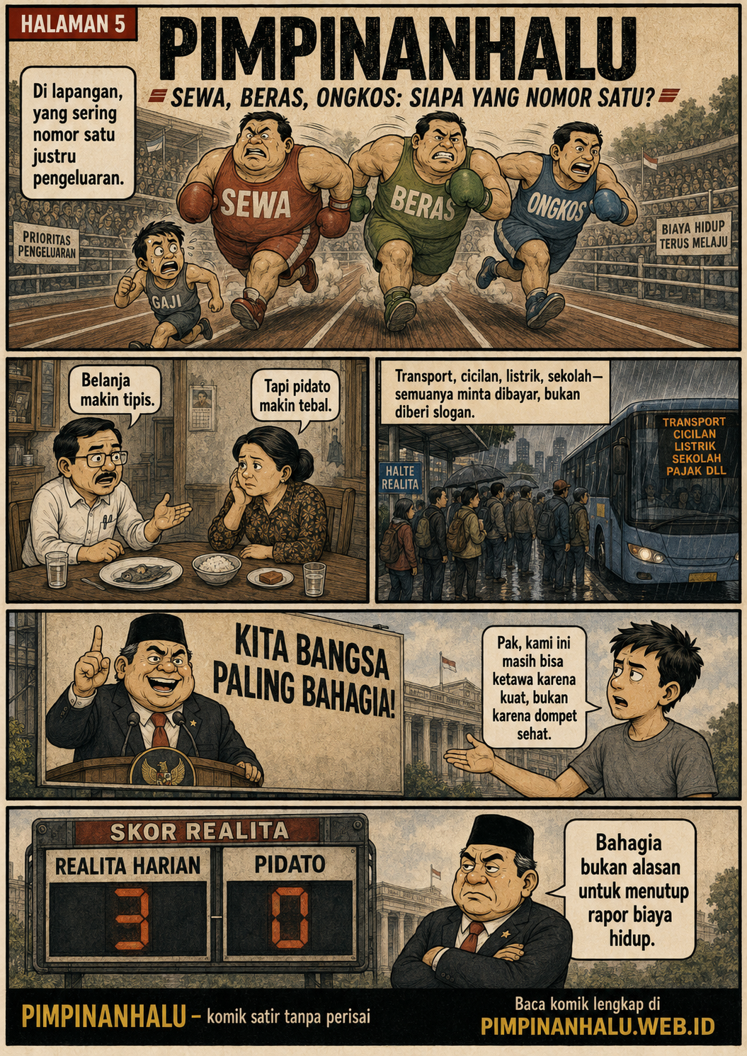 Halaman 5: perlombaan lari menampilkan sewa, beras, dan ongkos mengalahkan gaji; warga membandingkan belanja yang menipis dengan pidato yang menebal.