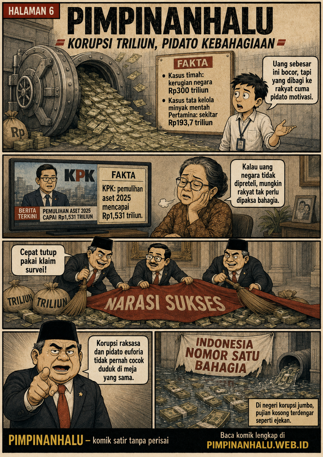 Halaman 6: brankas uang, angka perkara timah dan tata kelola minyak, capaian pemulihan aset KPK 2025, serta spanduk narasi sukses dalam adegan satire.