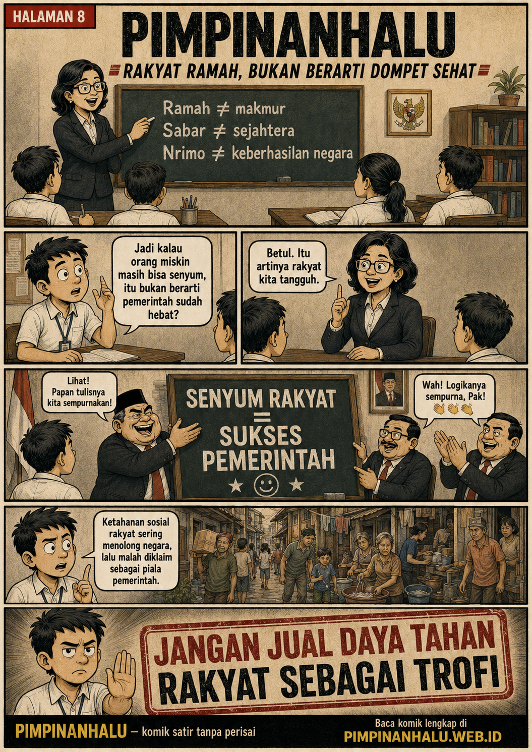 Halaman 8: guru menjelaskan perbedaan ramah, sabar, dan nrimo dari ukuran kesejahteraan; pejabat menjadikan senyum rakyat sebagai slogan keberhasilan.