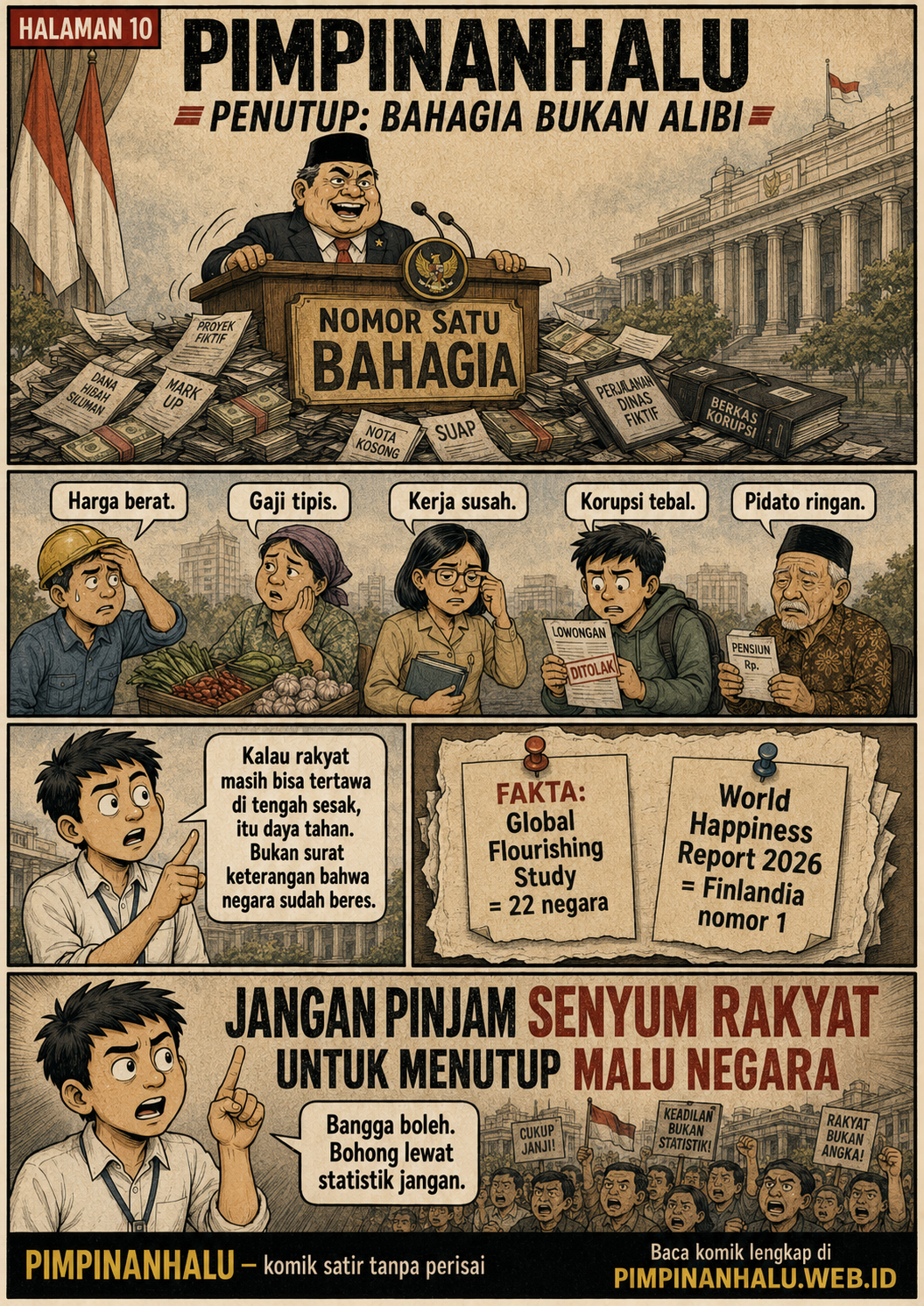 Halaman 10: podium nomor satu bahagia berdiri di atas dokumen perkara fiktif, disandingkan dengan beban warga serta catatan bahwa GFS dan World Happiness Report berbeda.