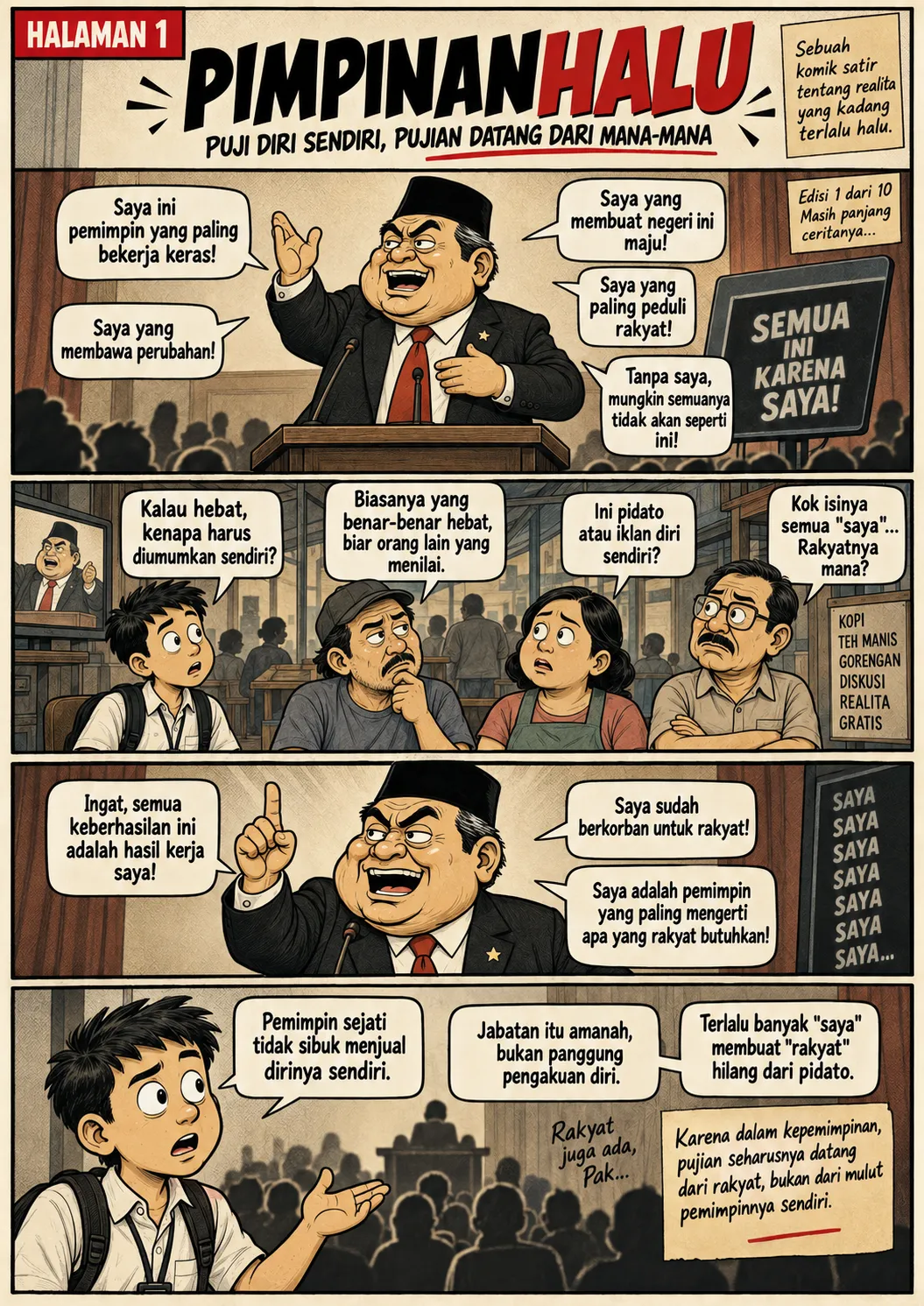 Sampul komik "Saya, Saya, Saya": seorang pejabat berpidato dikelilingi balon kata "saya" yang berulang, disaksikan warga yang mempertanyakan ke mana perginya "rakyat" dalam pidato itu.