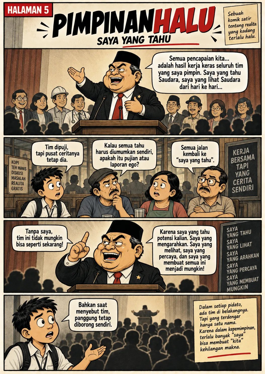 Halaman 5: Pejabat memuji timnya sambil tetap menempatkan dirinya sebagai pusat cerita; papan bertuliskan rangkaian "saya yang..." di sampingnya.