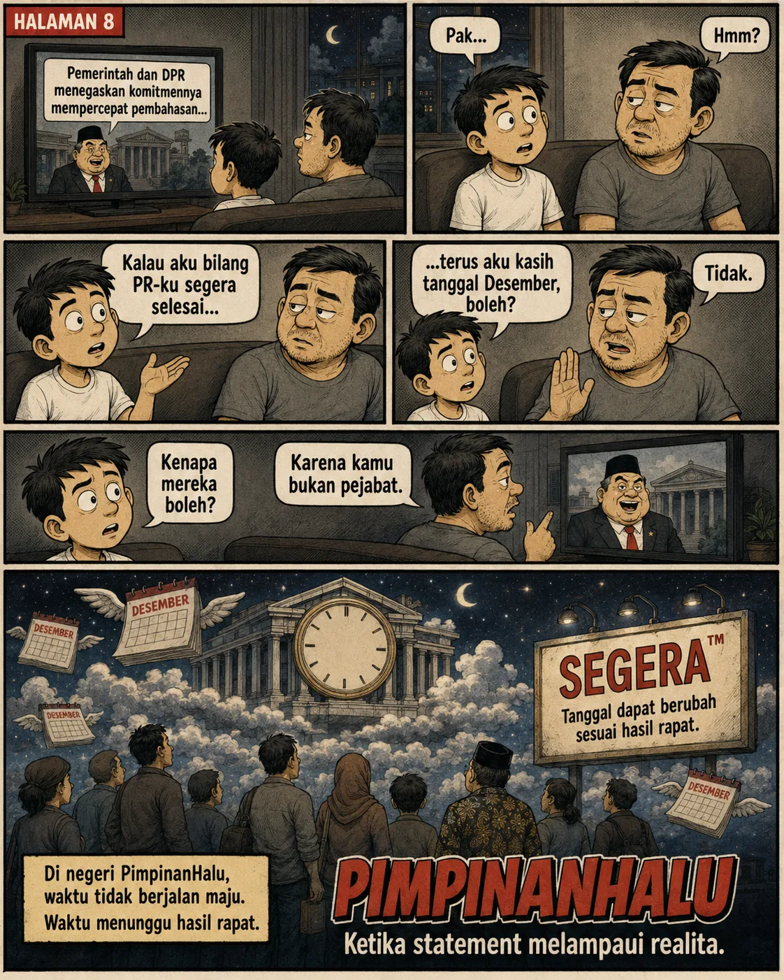 Halaman 8: Seorang anak dan ayahnya menonton berita; anak bertanya apakah ia boleh bilang PR-nya "segera selesai" lalu memberi tanggal Desember, dijawab "tidak, karena kamu bukan pejabat". Panel penutup: kerumunan menatap baliho "SEGERA - tanggal dapat berubah sesuai hasil rapat", dengan teks "Di negeri PimpinanHalu, waktu tidak berjalan maju. Waktu menunggu hasil rapat."