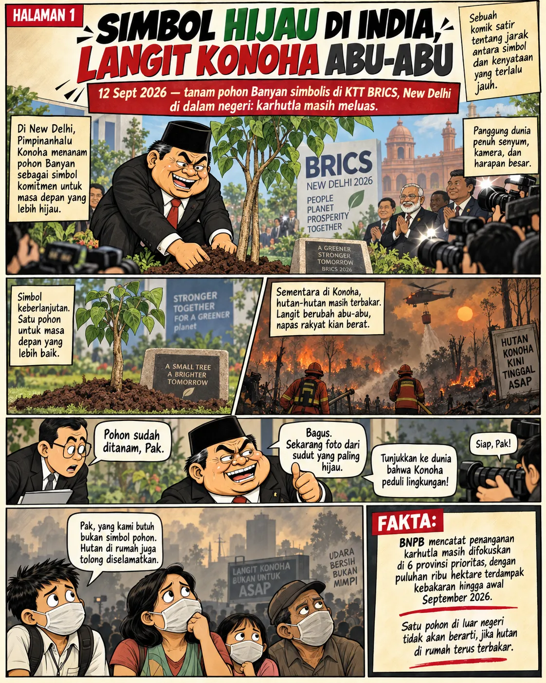 Sampul komik "Pohonnya Sudah, Hutannya Kapan?": pejabat menanam pohon Banyan simbolis di KTT BRICS New Delhi, dikontraskan dengan langit abu-abu akibat karhutla di dalam negeri.