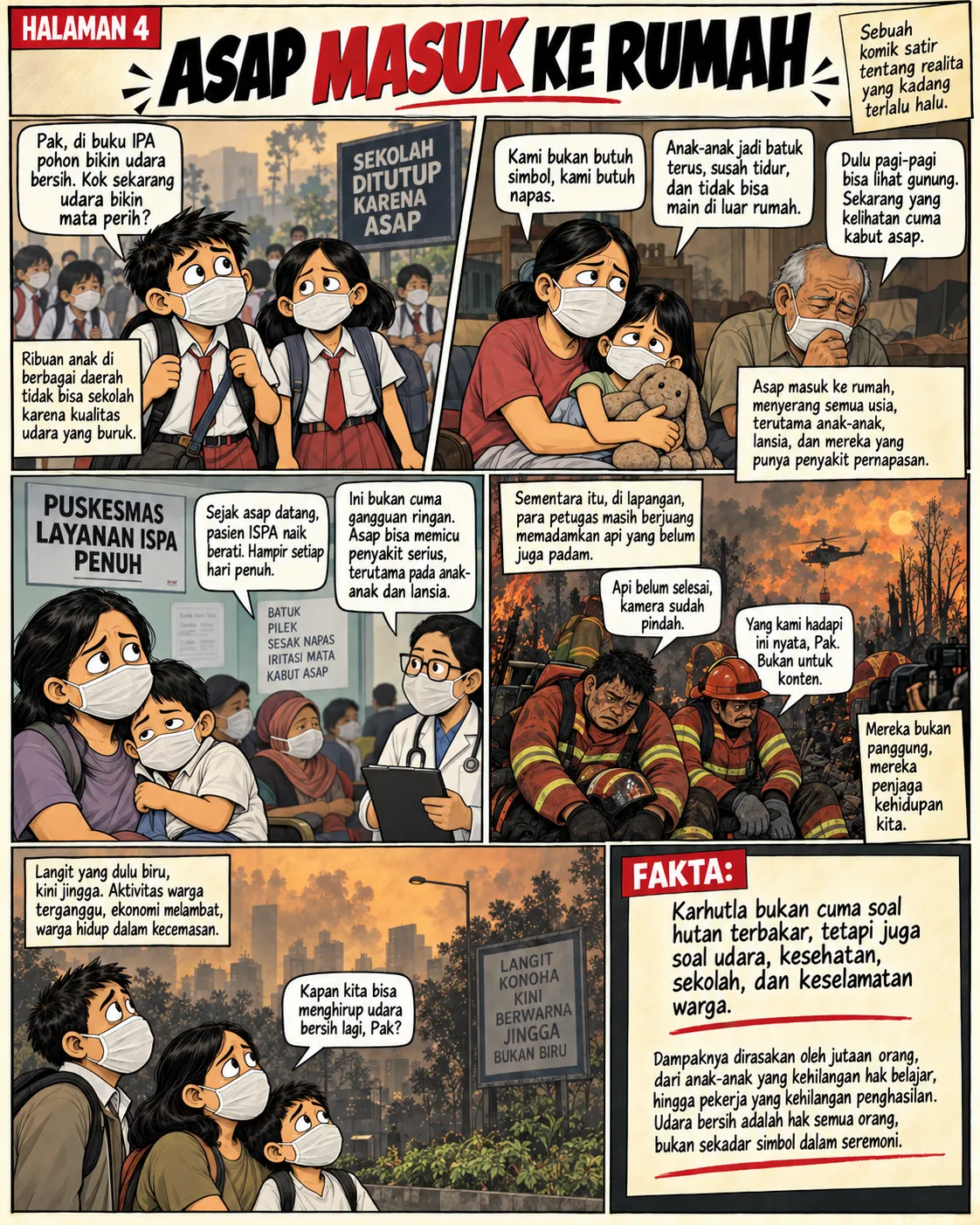 Halaman 4: Anak-anak bermasker di depan sekolah yang ditutup karena asap; ruang tunggu puskesmas penuh pasien ISPA; petugas pemadam kebakaran yang kelelahan duduk di tengah reruntuhan hutan yang terbakar.