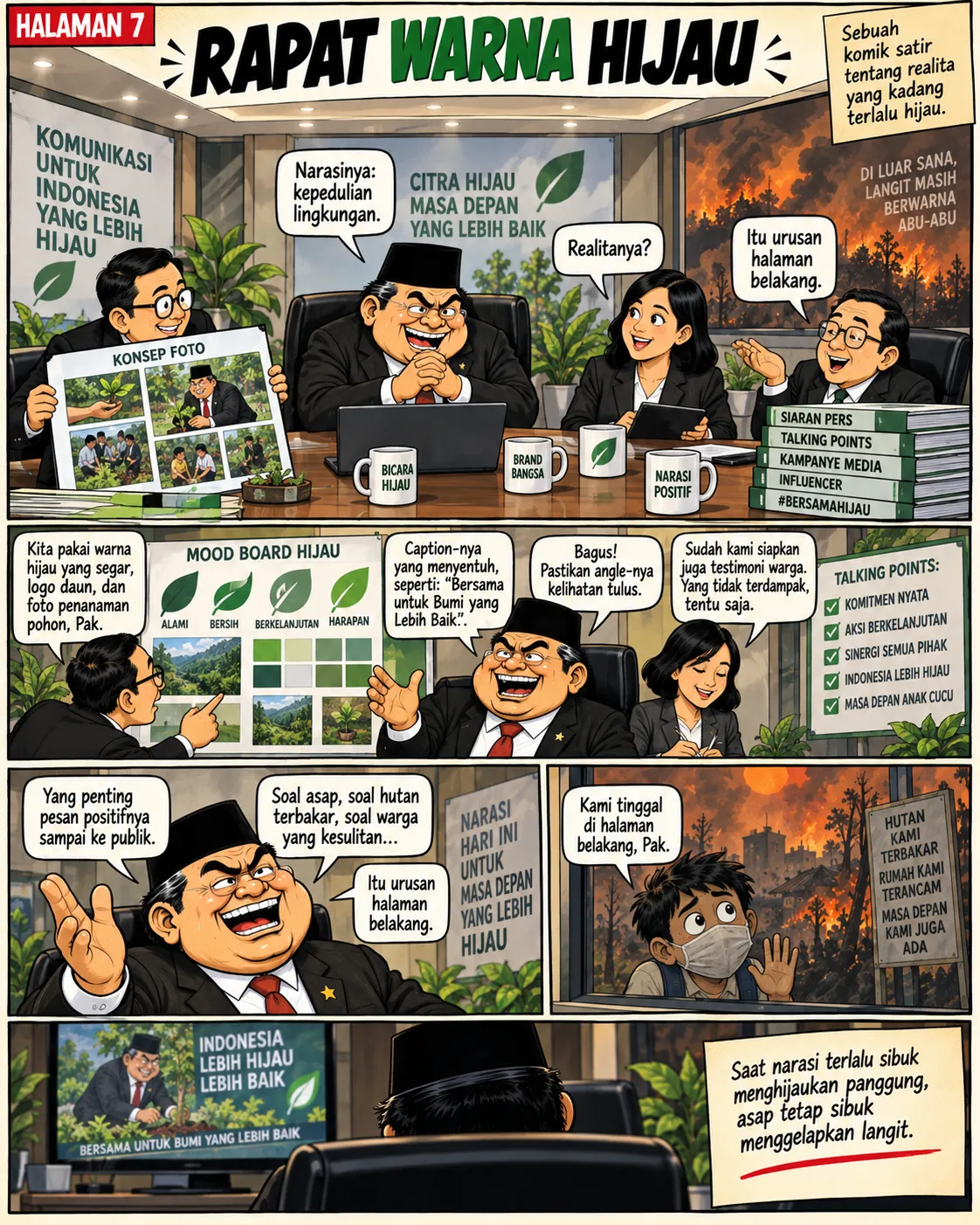 Halaman 7: Tim komunikasi menyusun mood board hijau dan talking points citra positif di ruang rapat, sementara seorang anak bermasker di luar jendela menatap hutan yang terbakar dan berkata mereka tinggal di "halaman belakang" itu.