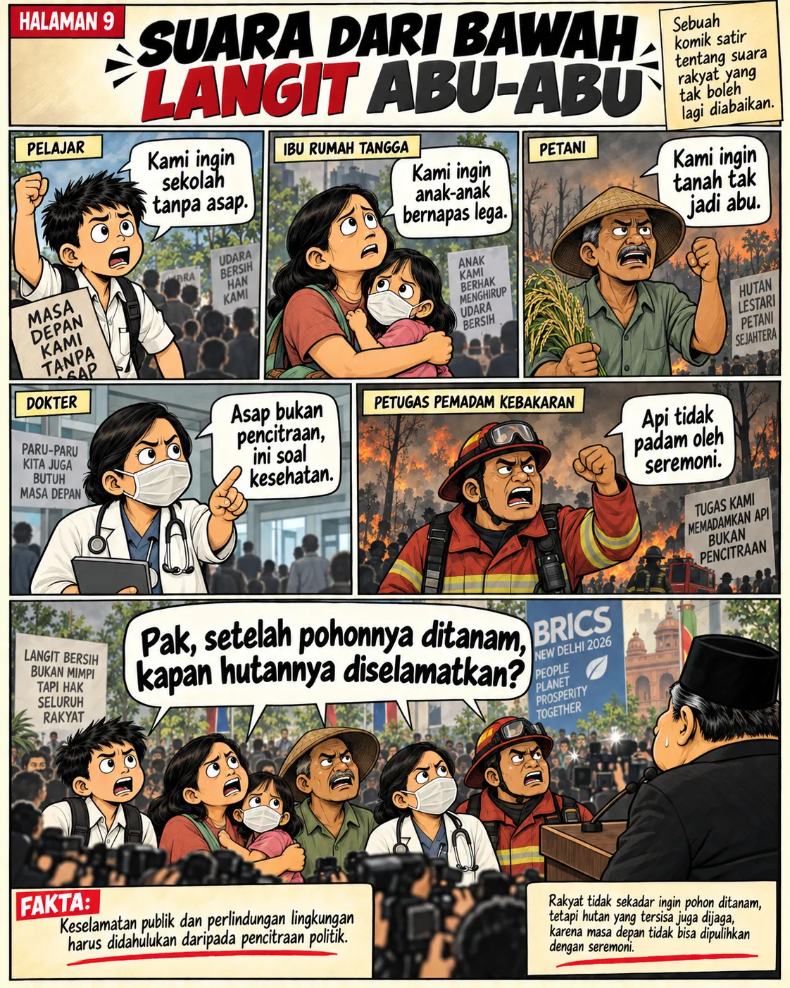 Halaman 9: Enam potret warga - pelajar, ibu rumah tangga, petani, dokter, dan petugas pemadam kebakaran - masing-masing menyampaikan tuntutan sederhana soal udara bersih dan hutan yang diselamatkan, bukan sekadar dicitrakan.