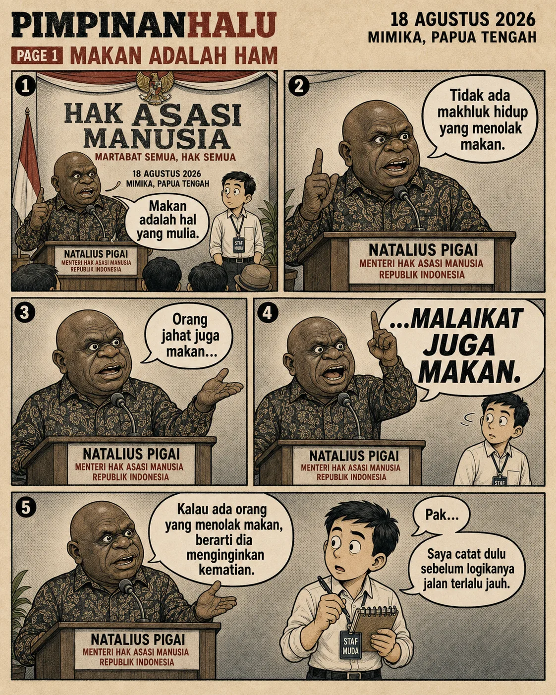 Halaman 1 ("Makan Adalah HAM"): Seorang menteri berpidato di acara Hari Asasi Manusia di Mimika, Papua Tengah, membangun rangkaian argumen bahwa siapa pun yang menolak makan berarti menginginkan kematian; seorang staf muda mencatat dengan wajah ragu.