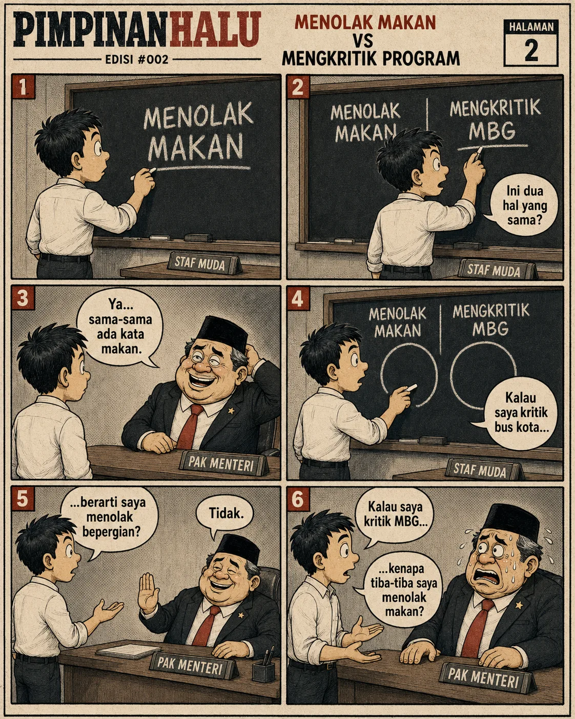 Halaman 2 ("Menolak Makan vs Mengkritik Program"): Staf muda menulis dua frasa di papan tulis dan menggambar diagram Venn yang tidak beririsan; analogi mengkritik bus kota dipakai untuk menunjukkan kritik bukan penolakan.