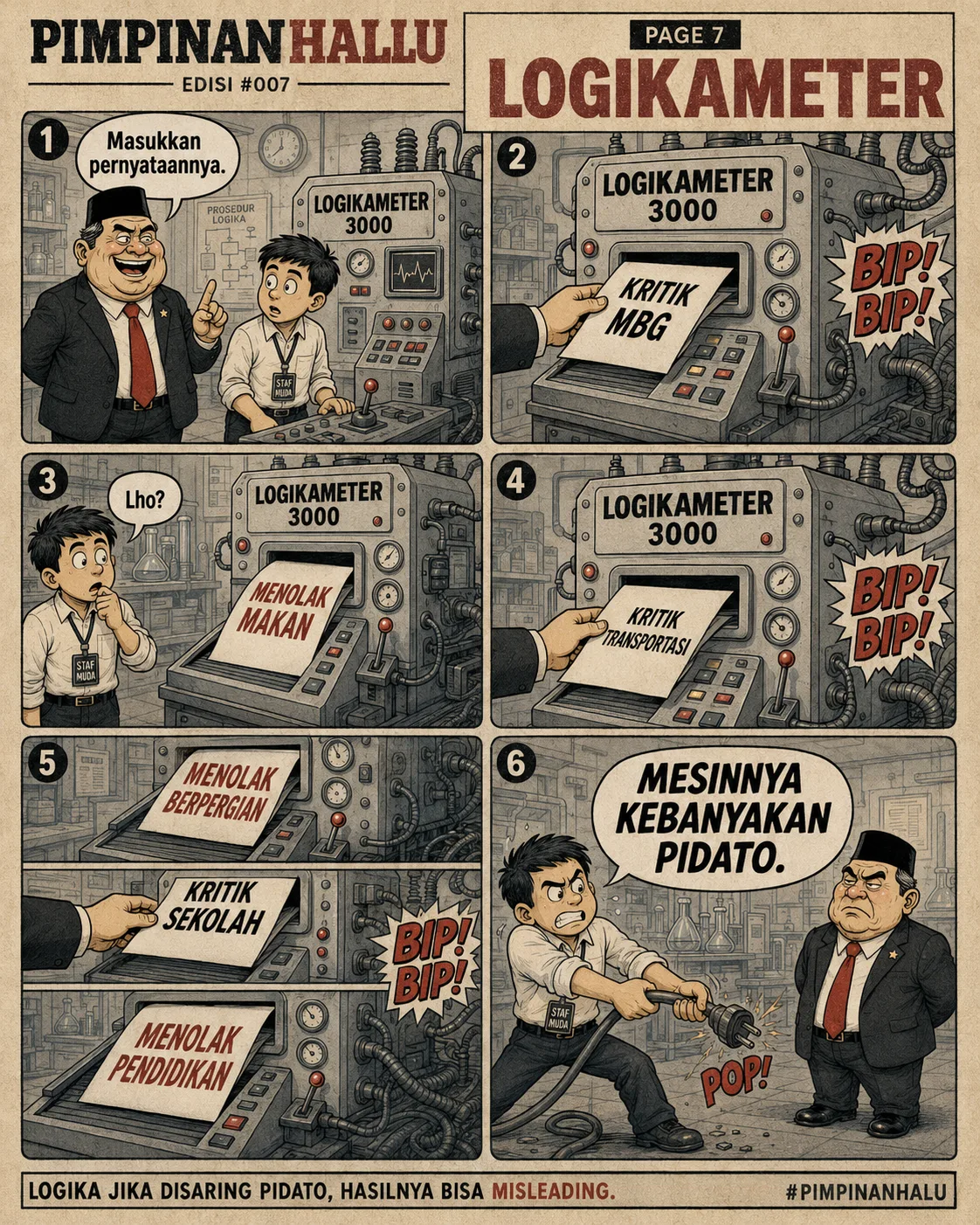 Halaman 7 ("Logikameter"): Sebuah mesin mengubah setiap kalimat kritik menjadi tuduhan penolakan yang berlebihan; staf muda akhirnya mencabut stekernya. Catatan: logika kalau disaring pidato hasilnya bisa menyesatkan.