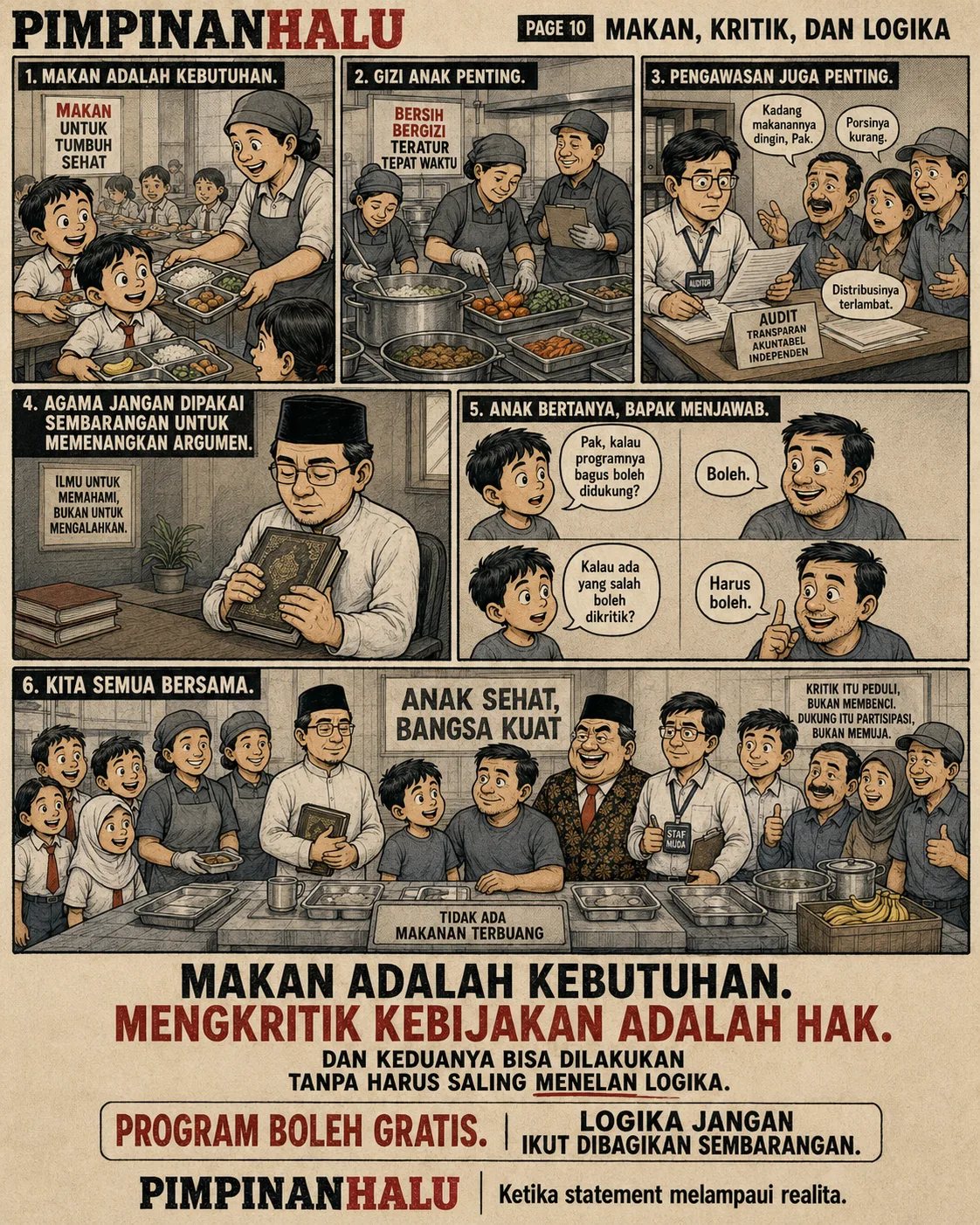 Halaman 10 ("Makan, Kritik, dan Logika"): Panel penutup merangkum enam poin - kebutuhan makan, gizi anak, pengawasan/audit independen, penggunaan dalil secara adil, hak bertanya, dan kebersamaan - dengan pesan bahwa program boleh gratis tetapi logika jangan dibagikan sembarangan.