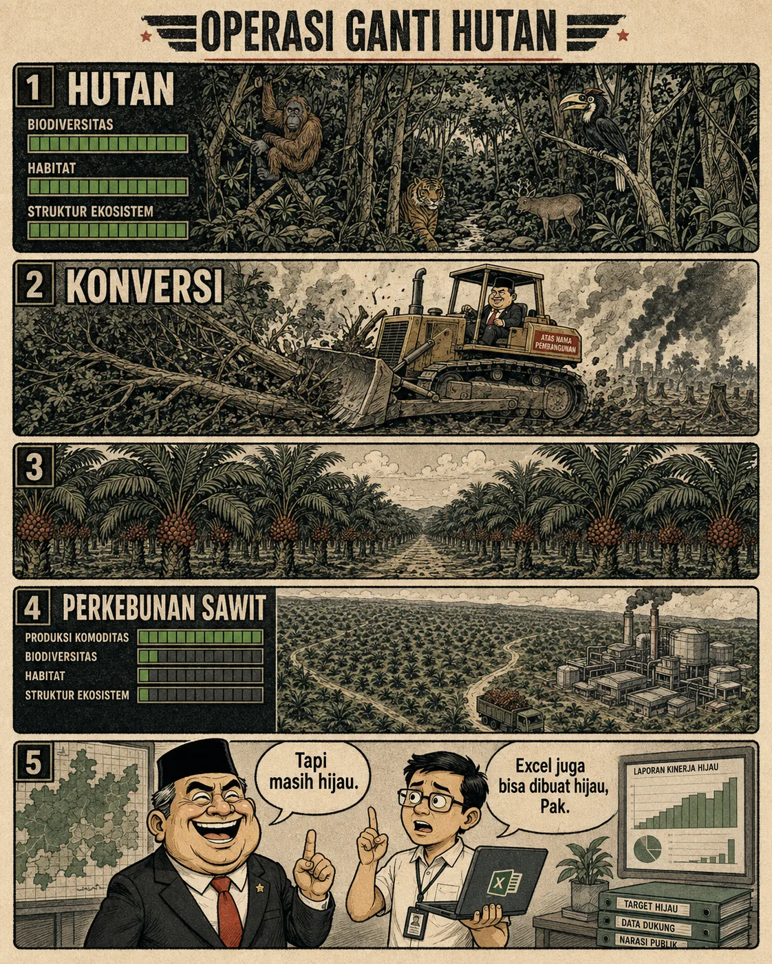 Halaman 7 ("Operasi Ganti Hutan"): Diagram tiga tahap - hutan dengan biodiversitas penuh, konversi lahan oleh buldoser, lalu kebun sawit yang hanya unggul di produksi komoditas sementara indikator ekologis lain merosot.