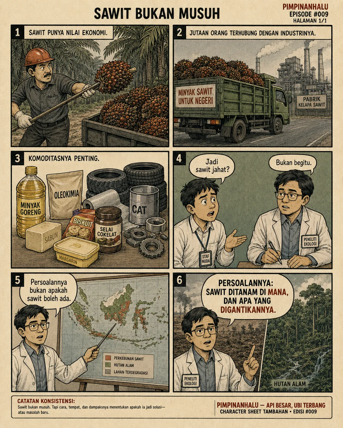 Halaman 10 ("Sawit Bukan Musuh"): Panel menegaskan manfaat ekonomi sawit bagi jutaan orang dan berbagai produk turunannya, lalu menyimpulkan bahwa persoalan utamanya adalah lokasi penanaman dan hutan yang digantikan.