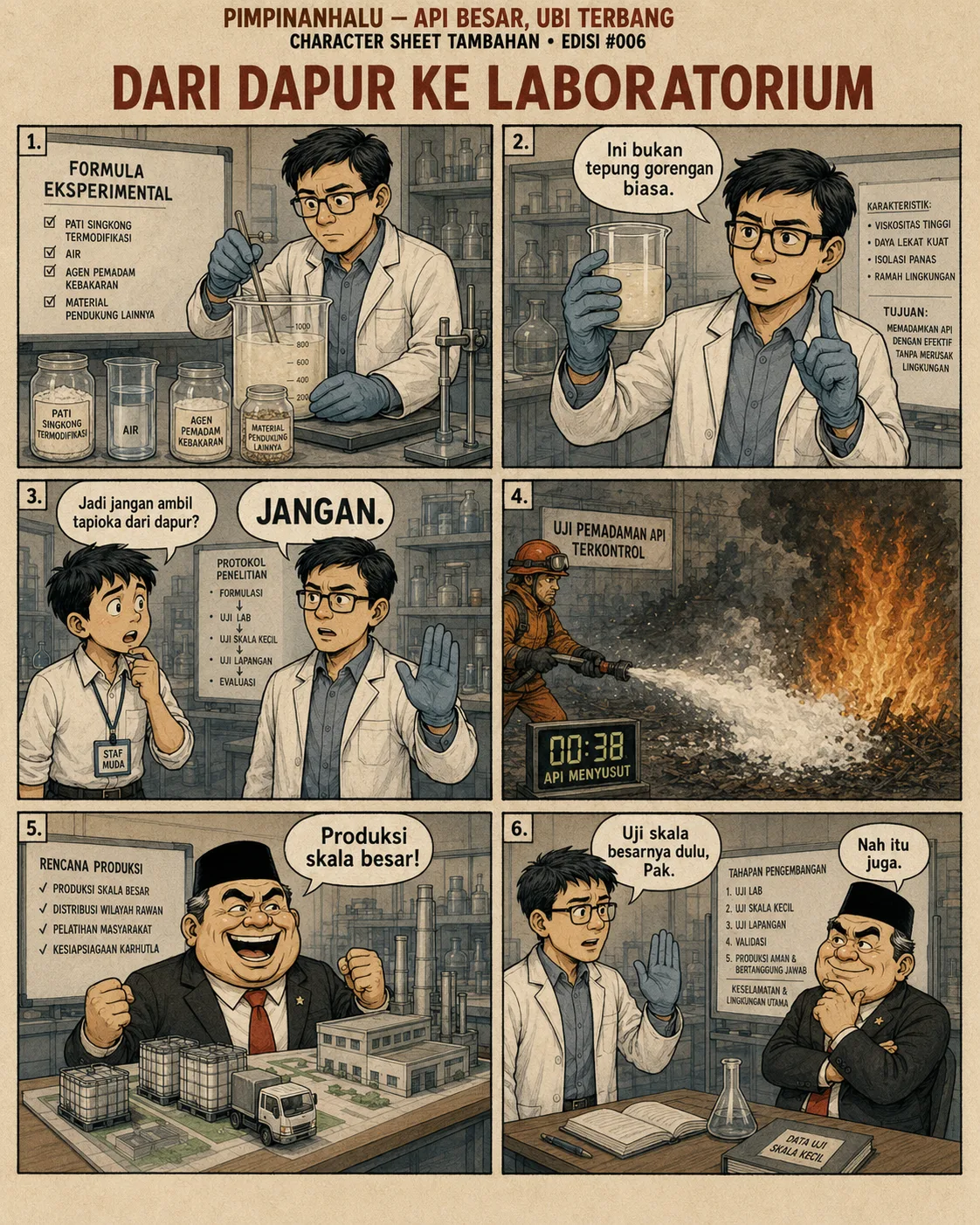 Halaman 6 ("Dari Dapur ke Laboratorium"): Peneliti menakar formula pati singkong termodifikasi, menegaskan tahapan penelitian yang benar, dan menunjukkan uji pemadaman api terkontrol; pemimpin ingin langsung produksi massal, peneliti menahan agar uji skala besar dulu.