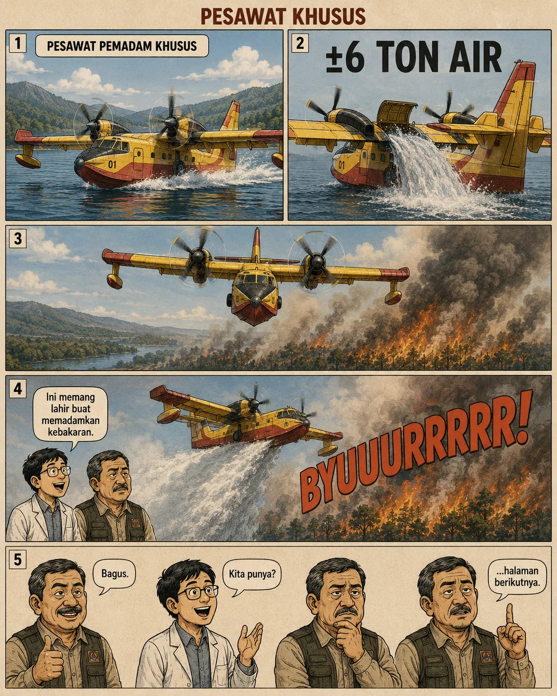 Halaman 7 ("Pesawat Khusus"): Pesawat amfibi kuning-merah menyendok air dari danau lalu menjatuhkan sekitar enam ton di atas hutan terbakar; peneliti dan pejabat mengagumi, lalu pertanyaan "kita punya?" digantung ke halaman berikutnya.