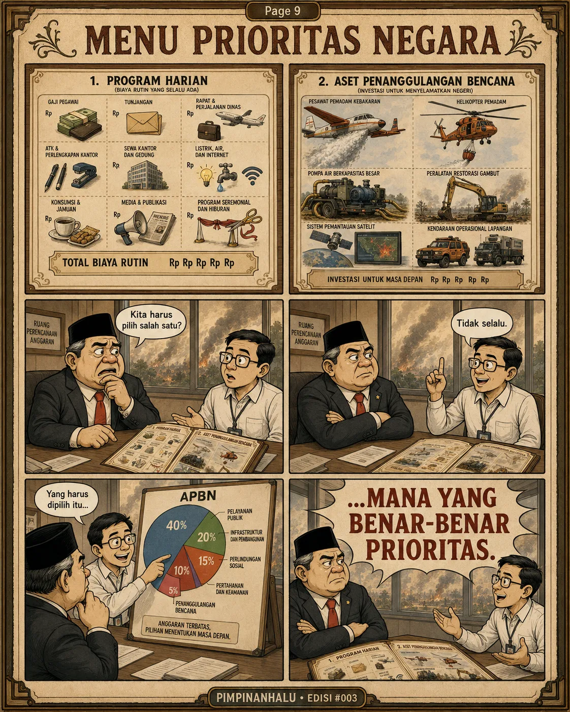 Halaman 9 ("Menu Prioritas Negara"): Dua daftar dibandingkan - biaya rutin harian dan investasi aset penanggulangan bencana - dengan diagram alokasi APBN yang menunjukkan porsi penanggulangan bencana paling kecil.