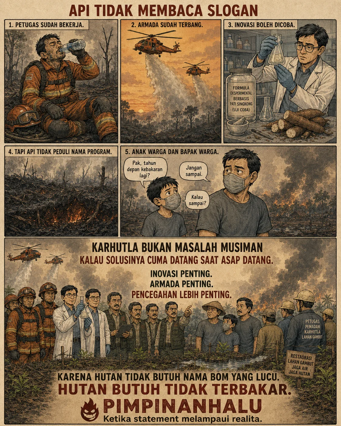 Halaman 10 ("Api Tidak Membaca Slogan"): Rangkaian panel - petugas lelah, armada udara, riset di lab, dan anak yang bertanya "tahun depan kebakaran lagi?" - ditutup dengan pesan besar bahwa pencegahan lebih penting daripada penamaan solusi.