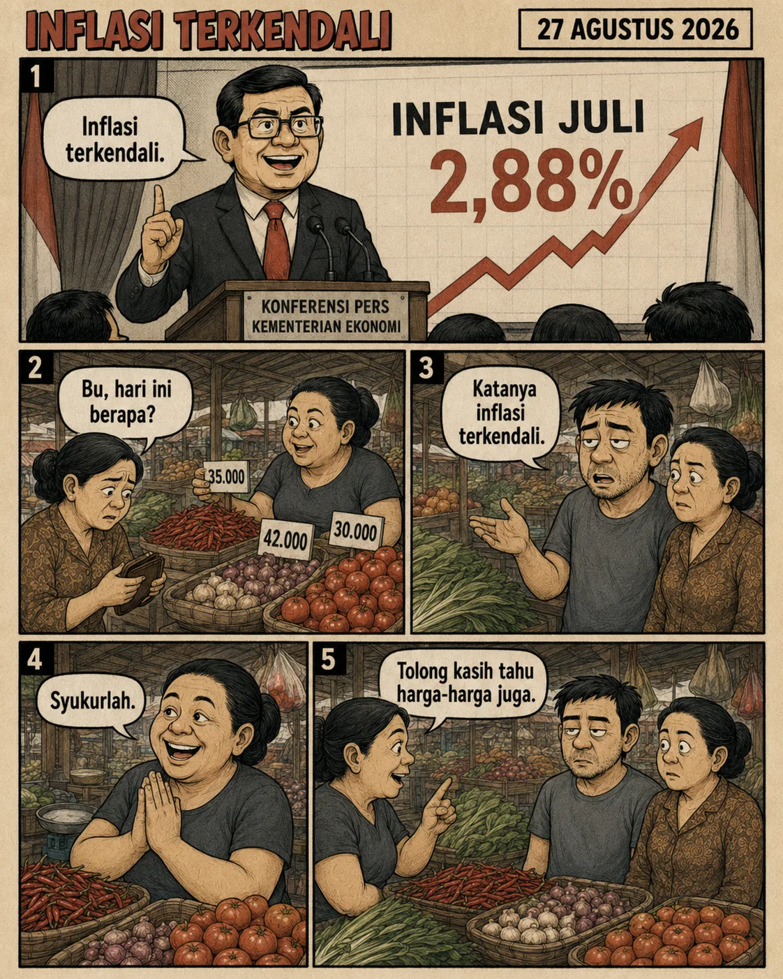 Halaman 5 ("Inflasi Terkendali"): Menteri mengumumkan inflasi Juli 2,88 persen; di pasar, pedagang menyebut harga cabai dan bawang Rp30.000 sampai Rp42.000, dan pembeli meminta agar "inflasi terkendali" juga disampaikan kepada harga-harga.