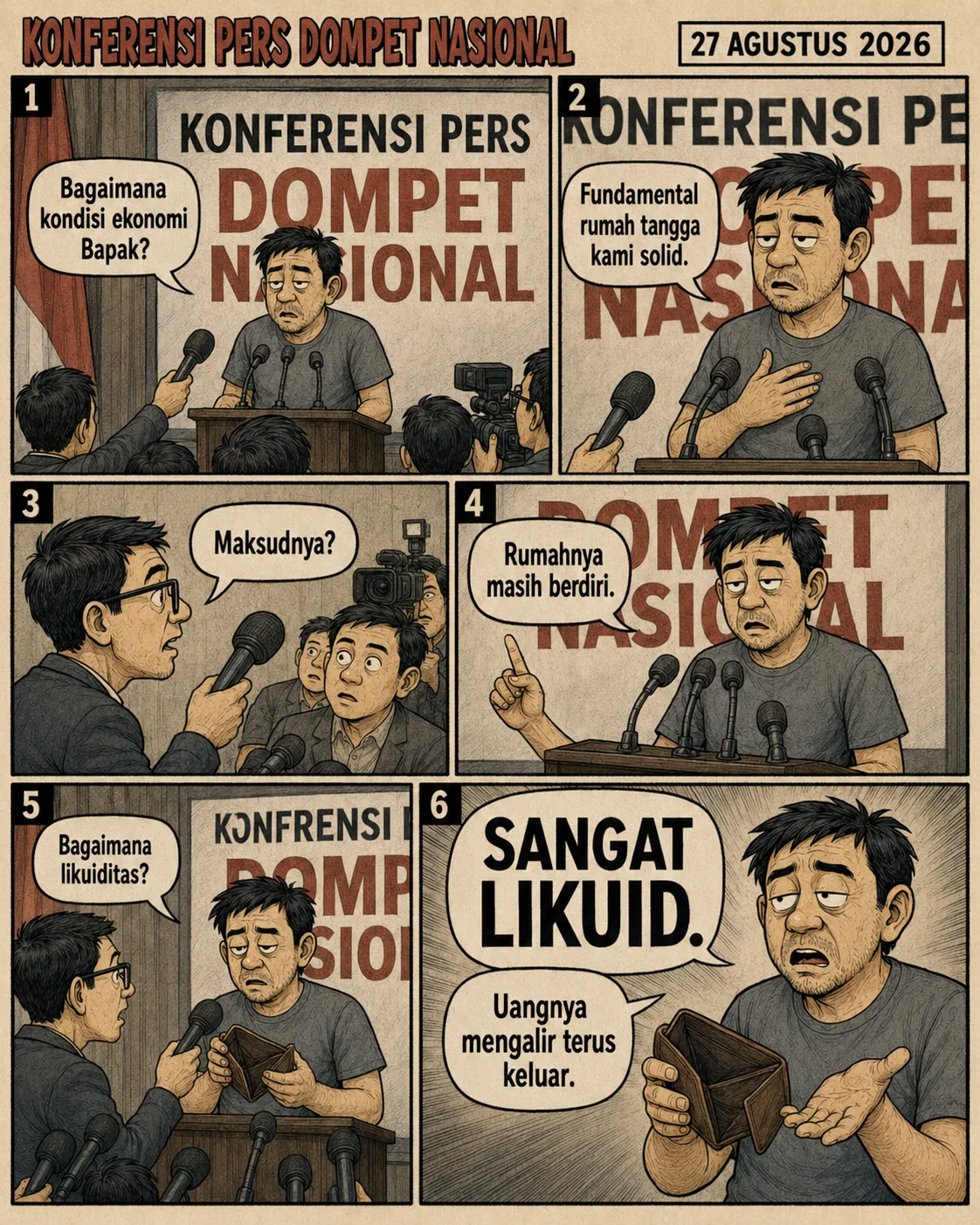 Halaman 9 ("Konferensi Pers Dompet Nasional"): Seorang warga berdiri di podium menjawab pertanyaan wartawan dengan istilah ekonomi: fundamental solid berarti rumahnya masih berdiri, dan "sangat likuid" berarti uang terus mengalir keluar dari dompet kosong.
