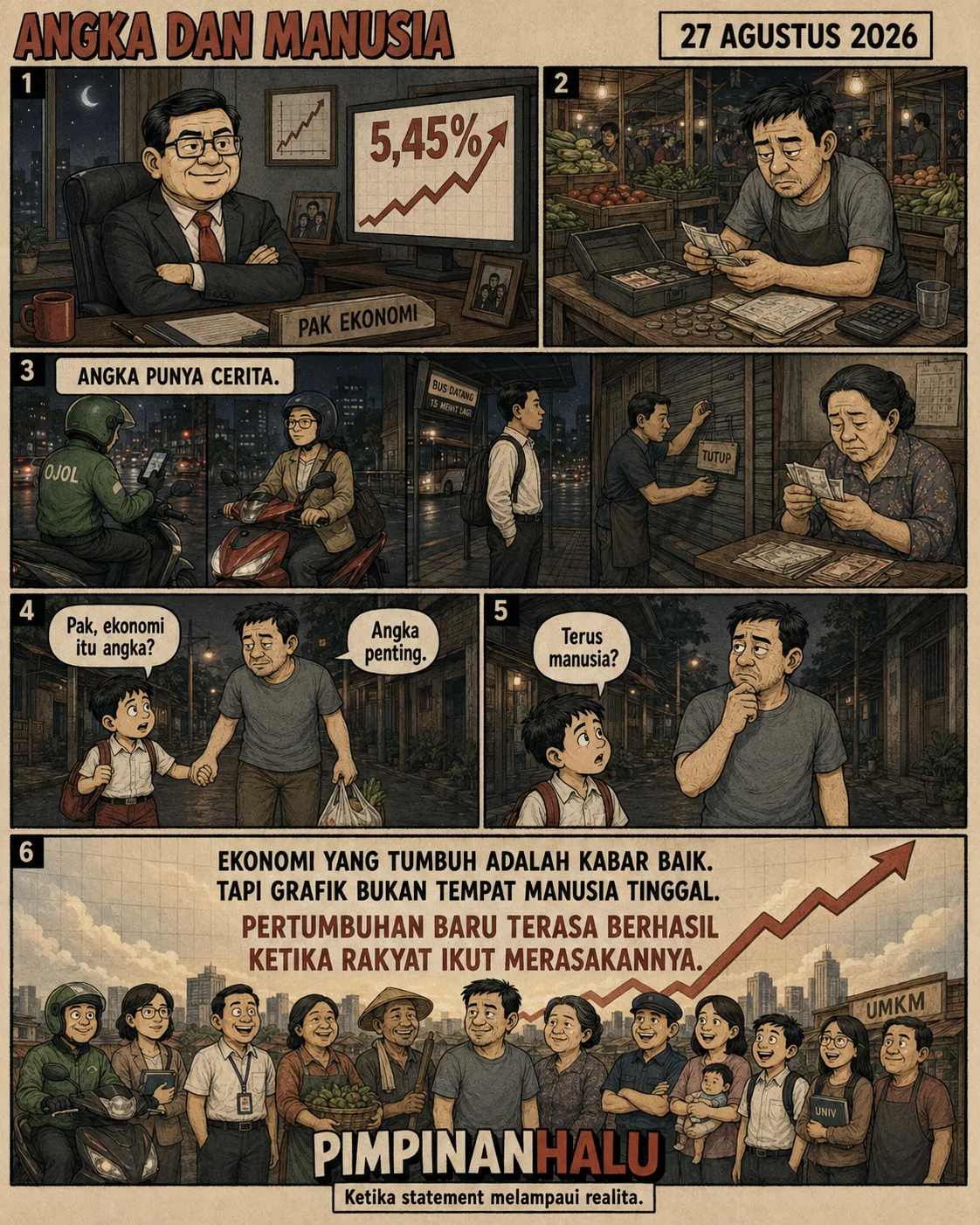 Halaman 10 ("Angka dan Manusia"): Potret warga di malam hari - pengemudi ojek daring, penumpang menunggu bus, pedagang menutup warung, nenek menghitung uang; panel penutup menegaskan grafik bukan tempat manusia tinggal dan pertumbuhan baru berhasil ketika rakyat ikut merasakannya.