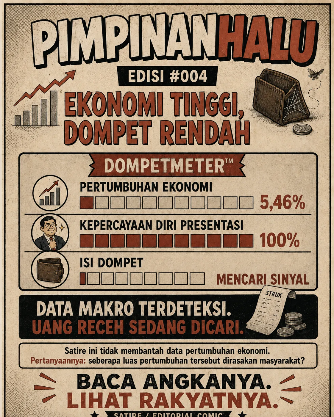 Halaman 11 (sampul belakang): Poster "PimpinanHalu Edisi #004 - Ekonomi Tinggi, Dompet Rendah" dengan meteran bergaya: pertumbuhan ekonomi 5,46 persen, kepercayaan diri presentasi 100 persen, dan isi dompet "mencari sinyal"; catatan: satire ini tidak membantah data pertumbuhan, hanya menanyakan seberapa luas dirasakan.